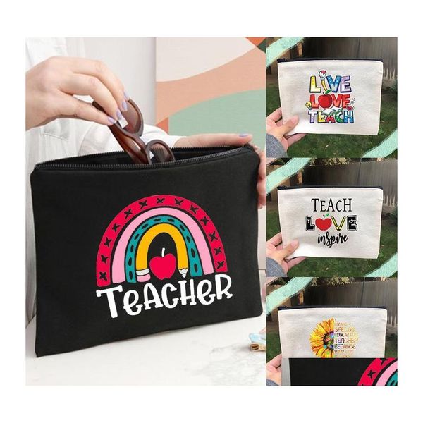 Borse portaoggetti Teacher Love Inspire Print Lady Cosmetic Travel Makeup Case Borsa da toilette femminile Borsa per matite da scuola Regali Drop Delive Otiha