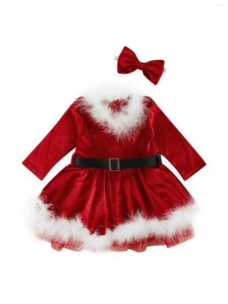 Vestidos de garotas crianças vestido de natal bebê vestido de veludo vermelho de manga longa Papai Noel com faixa de cabeça Princess natalpits