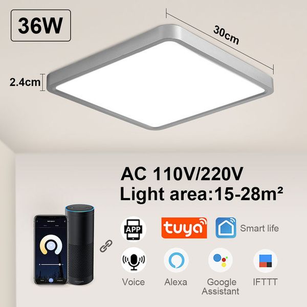 LED-Deckenleuchten, Lampe, Alexa-App, Sprachfernbedienung, quadratisch, 24 W, 36 W, modernes Panel für Wohnzimmer, Schlafzimmer, Küche, Innenbeleuchtung