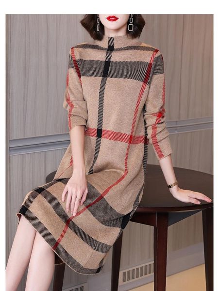 Designer-Loog-Kleid für Damen, Herbst-Winter-Pullover, Freizeitkleidung, Mädchen, warme Langarm-Röcke, Strickkleider, Damen-Strickkleider in karierter Länge