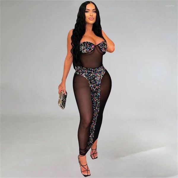 Vestidos de tamanho plus size lantejas sexy malha de malha de retalhos de retalhos de retalhos para mulheres sem alças Bodycon transparente vestidos mantos de boate