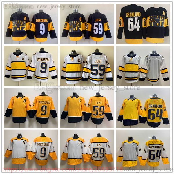 Film College Hockey su ghiaccio indossa maglie cucite 9FilipForsberg 59RomanJosi 64MikaelGranlund Giallo Nero Bianco Inverno Classico Vuoto Uomo Gioventù donna Maglia