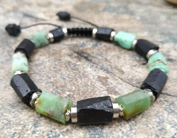 Link-Armbänder, natürlicher schwarzer Turmalin-Stein, grüne Jade-Perlen, verstellbares Armband M0103