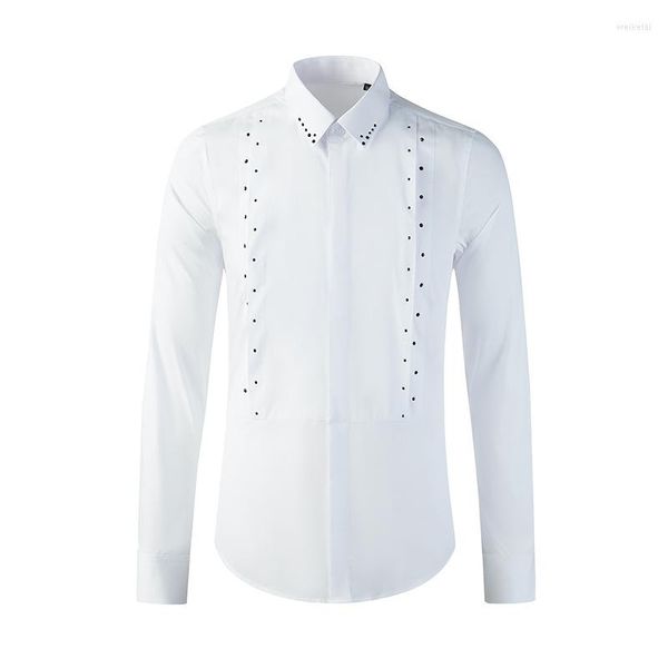 Camisas casuais masculinas 2022 Camisa Personalidade de colar de retalhos de retalhos de retalhos de perfuração tcheco shinestone slim de mangas compridas masculinas