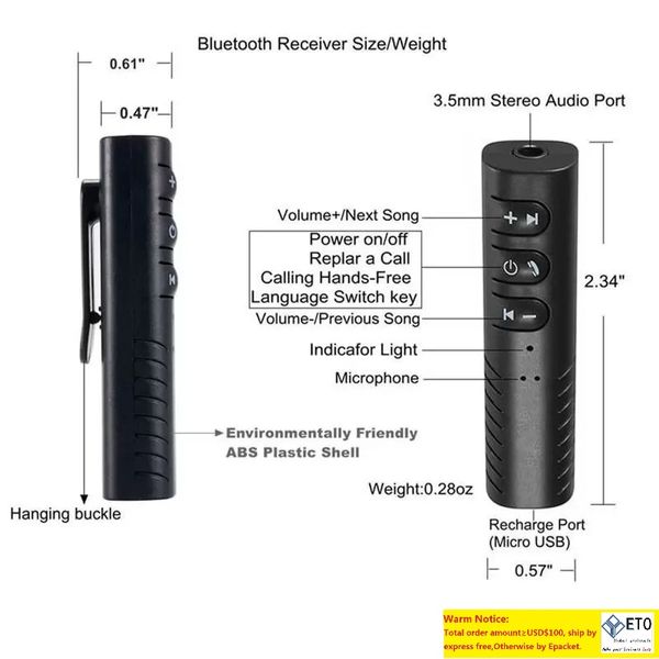 Auto-Bluetooth-Geräteempfänger, Aux-Audio-Adapter, Clip-Typ, Mini-drahtloses Freisprech-Musik-Set für Heim-Stereoanlage, kabelgebundene Kopfhörer