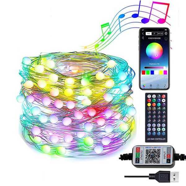 Strisce LED da 20 m Smart App Control Fairy RGB Bluetooth per esterni Stringa per albero di Natale Luce ghirlanda USB per decorazioni per vacanze di nozze