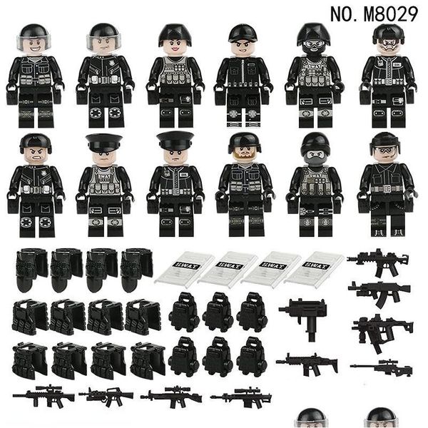 Araç oyuncakları 24 adet/set kiti şehir siyah swat polis bina bloğu adam takım elbise erkek rol oyun sahne kalkan köpekleri küçük tuğlalar bırakma dhojf
