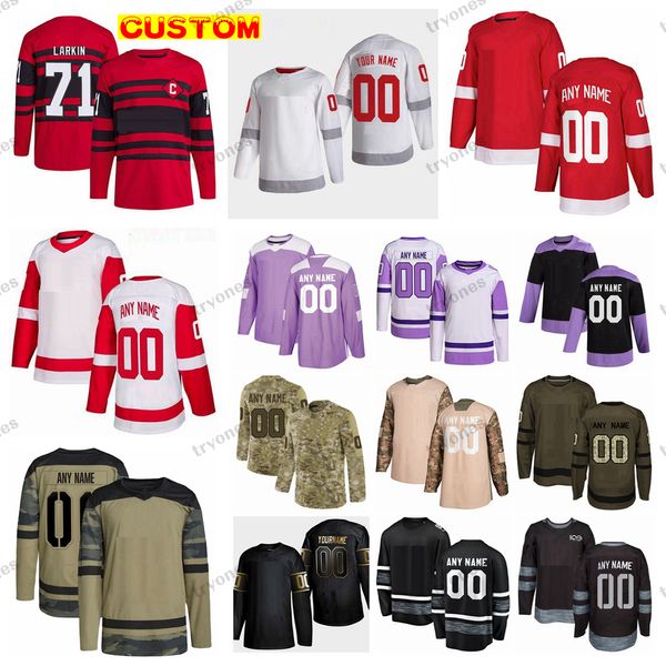 Özel Ters Retro 2.0 Hokey Formaları Camo Kanserle Dövüşüyor Larkin Raymond Seider Perron Howe Yzerman Datsyuk Husso Kubalik Berggren Suter Rasmussen Copp Chiarot