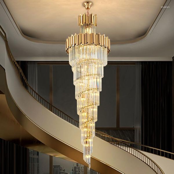 Kronleuchter El Theater Villa Große Kronleuchter Beleuchtung Luxus Edelstahl Mehrschichtige Top Lange Kristall Lampe Wohnzimmer Lüster