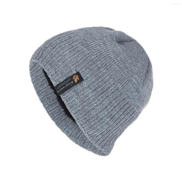 Boinas Hip Hop Beanie Gorros de lana para hombres Invierno Grueso Terciopelo Cálido Skullies Gorros Color sólido Hoja amarilla Etiqueta de tela Sombreros Gorra al aire libre