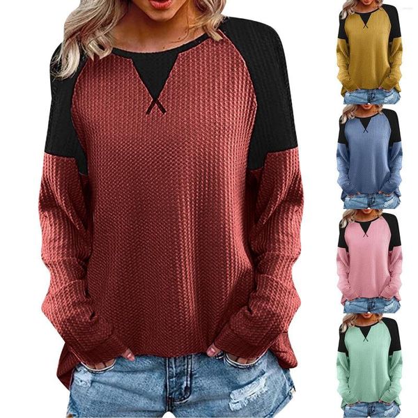 Magliette da donna Camicia da donna in spandex di poliestere Moda donna Manica lunga Girocollo Pullover con impunture casual Vestibilità ampia