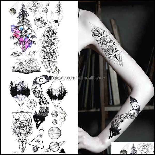 Tatuaggi temporanei Adesivo tatuaggio Donne Body Art Gambe Braccio impermeabile Fiore Flora geometrica Flora nera Uomini Tatoo falso Pianeta sexy Goccia Del Dhsjq