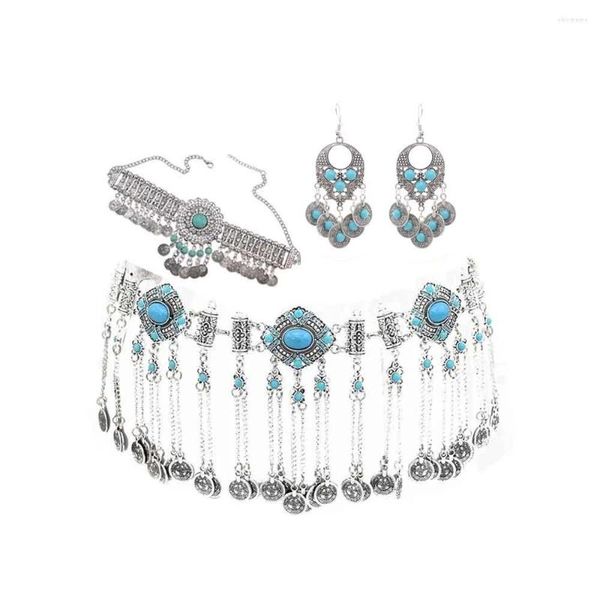 Halskette Ohrringe Set Vintage afghanische Metallmünze Bauchketten für Frauen Boho Blauer Stein Braut Hochzeit Party Schmuck