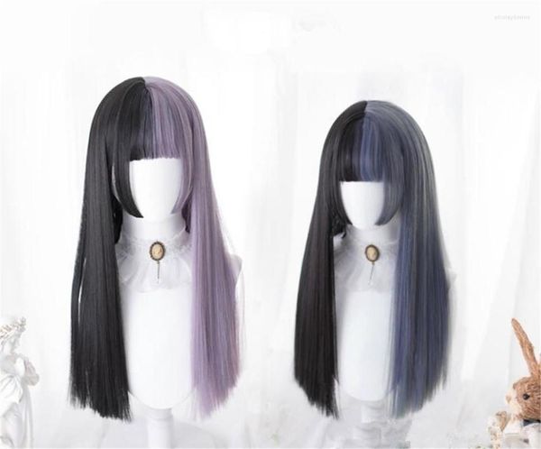 Forniture per feste Lolita 60CM lunga frangia dritta mista nera mezza ombre parrucca cosplay sintetica giapponese Halloween carina D110