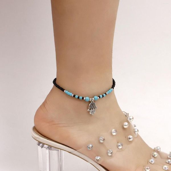 Cavigliere Retro Bohemia Blue Opal Beads Cavigliera con perline nere Caviglia Ciondolo geometrico a forma di palma color argento per le donne Gioielli da spiaggia