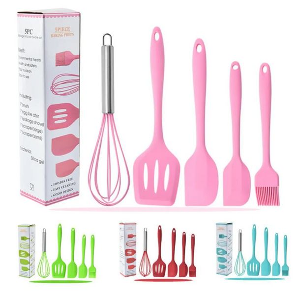 Il set di utensili da cucina in silicone da 5 pezzi / lotto include un raschietto a pennello piccolo spatola per frullino per le uova per raschietto grande per la cottura e la miscelazione all'ingrosso ss1216