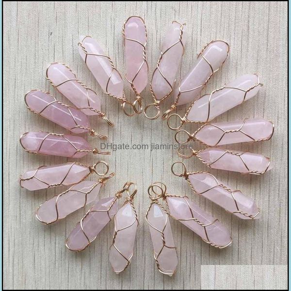 Charms Natural Stone Rose Quartz Shape Point Point Point Pendants для ювелирных изделий для изготовления оптом золотой проволочной обертки