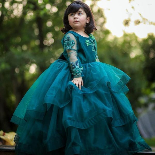 Девушка платья Изумрудное зеленый цветок для свадеб с бисером принцессы