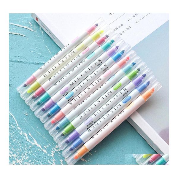 Evidenziatori 12 pezzi / set Cancelleria a doppia testa Penne delicate Colorate Ding Pittura Evidenziatore Art Marker Wdh1197 Drop Delivery Office Dh4Ld