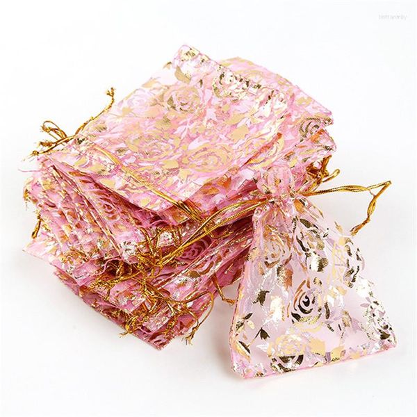 Sacchetti per gioielli 100 pezzi/pacco Sacchetti regalo in organza per bomboniere con rose rosa da 90 x 120 mm.