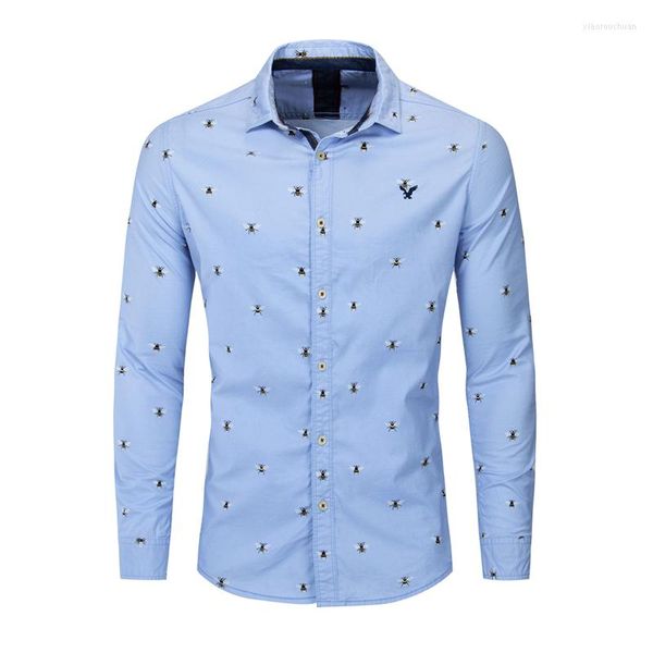 Camicie Casual da uomo 2022 Moda Uomo Bee Stampato Camicia di Cotone Abito Sociale Manica Lunga Camisa Masculina Top Vestiti FM223