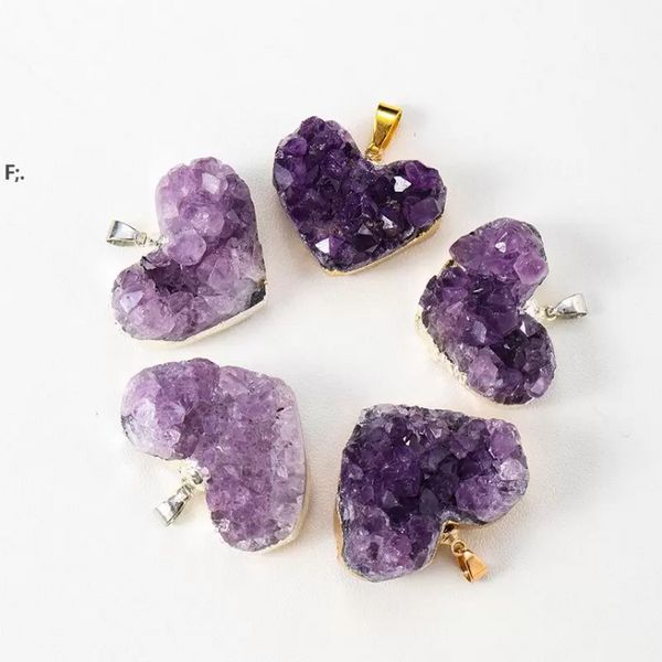 Cluster de ametista natural, pingente de cristal, amor, chakra cura de cura de reiki de quartzo mineral Energia Rough Stone Colar com couro TT1216