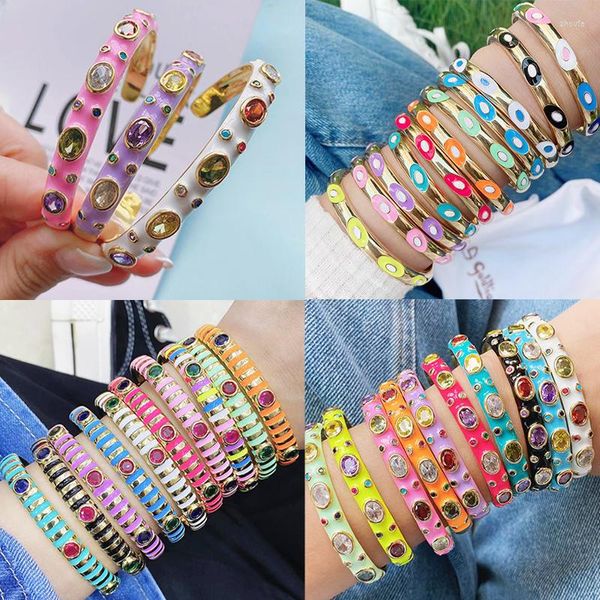 Bracciale rigido alla moda multicolore placcato oro con pietre preziose, smalto colorato, braccialetto regolabile aperto, fornitura di gioielli all'ingrosso