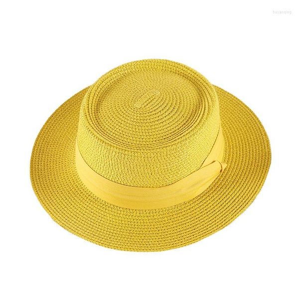 Chapéus largos de chapéus de verão anel de moda de palha feminina chapéu de palha de praia sólida colorido de férias solar por atacado