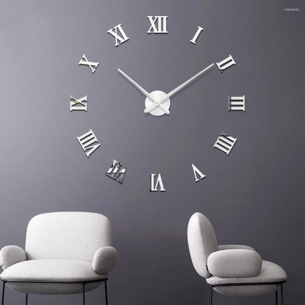 Relógios de parede grandes espelho romano Relógio da sala de estar moderna Auto-adesivo Diy Sticker Decoração em casa acrílica