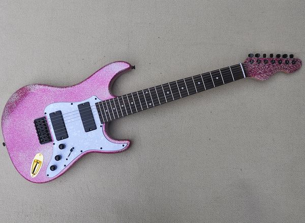 Chitarra elettrica rosa scintillante a 7 corde con tastiera in palissandro battipenna bianco perla