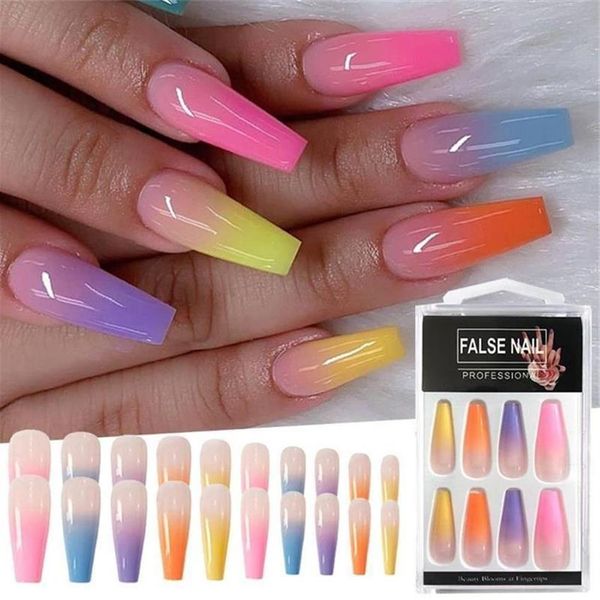 20pcs Conjunto de doces de colorido dicas de arte de unhas acabadas de beleza colorida artificial false unhas com cola gradiente de gradiente de arco -íris dicas de unhas238s