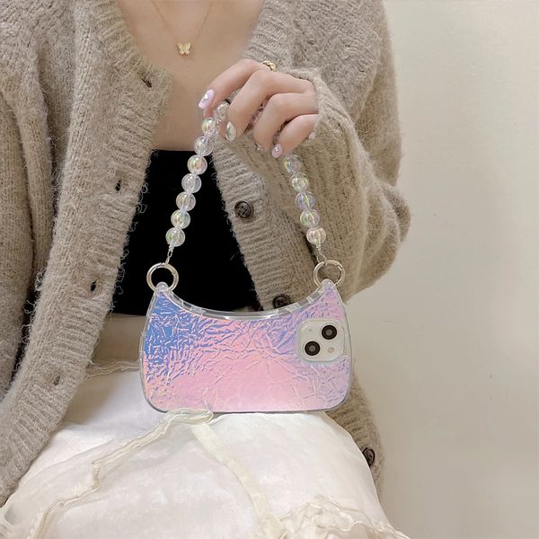 Новые роскошные чехлы Ins Corean Beads Bracelet Bracelet Bag Bag Dazzle Gradient Laser Case для iPhone 14 13 12 11 Pro Max Cute Cover Cover Cup