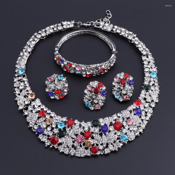 Collana di orecchini set OEOEOS perline africane per donna braccialetto di cristallo ciondolo color argento accessori per abiti da sposa