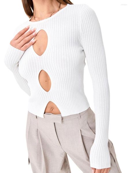 Kadın Tişörtleri Kadınlar oyuk Out Bodycon Düzenli Külkü Üst Renk Mürettebat Boyun Uzun Kollu Tişört Kesim Giysileri