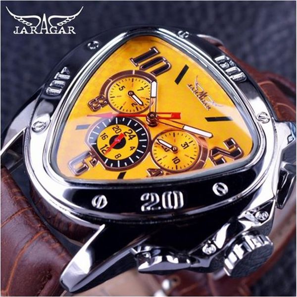 Jaragar Sport Design de Moda Estojo Triângulo Geométrico Pulseira de Couro Marrom 3 Dial Relógio Masculino Marca Top Relógio Automático de Luxo Clock2546