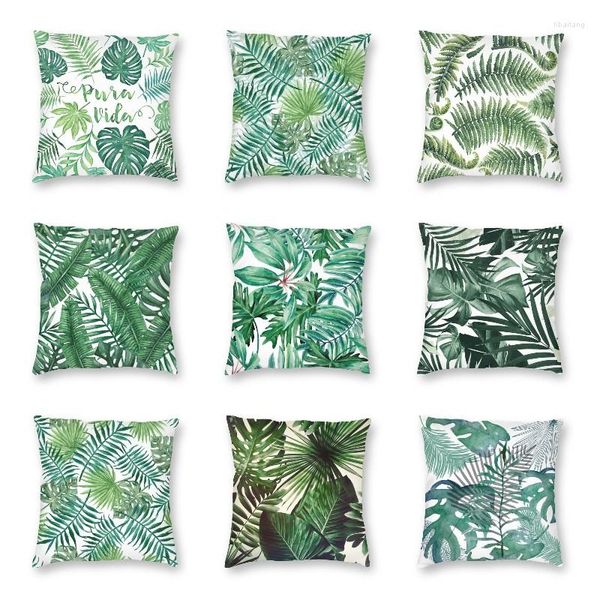 Plantas tropicais vibrantes de travesseiros cobrem decoração da selva de folhas verdes de estojo quadrado de estojo para sofá, impressão de dupla face