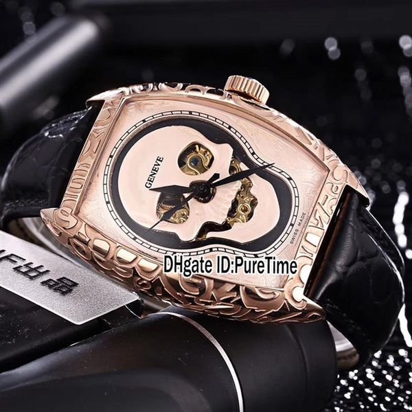 Novo Croco 8880 Horas Crazinhas Tatuagem Rosa Tatuagem de Escultura Esqueleto de Esqueleto Dial Automático Assista A Assistência Black Leather Strap Sports Sports CH227A