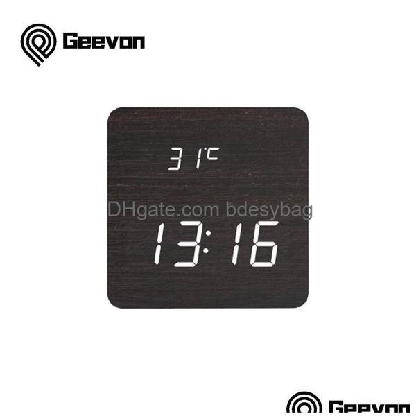 Relógios da mesa Relógios Relógio de despertador LED de madeira Relógio de madeira com temperatura interna USB Mantenha registros por célula de botão quando sem energia DHMBI