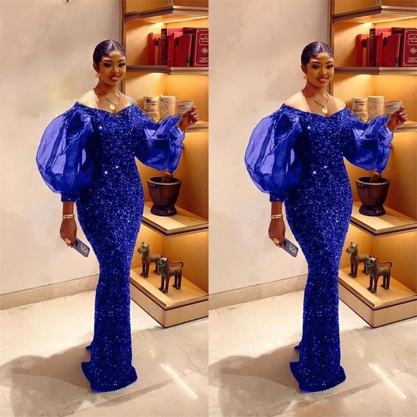 Abiti da ballo tubino con paillettes blu royal Abiti da cerimonia a maniche lunghe gonfi con lunghezza del pavimento Abiti da sposa africani da donna 326 326