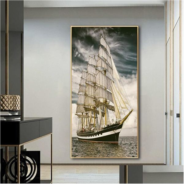 Pinturas barco no mar pôsteres de paisagem estampas de lona ofegando imagens de arte de parede para sala de estar decoração de casa moderna decoração interna dh6lf