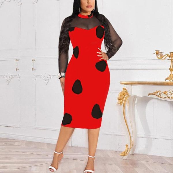 Casual Kleider Herbst Herbst Für Frauen Polka Dot Mantel Volle Hülse Transparent Hohe Taille Mittlere Wade Abend Nacht Party Club kleid