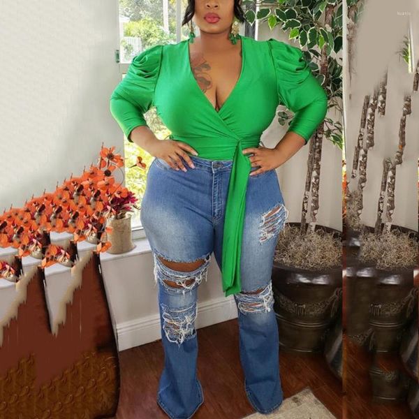 Kadın Tişörtleri Afrika Seksi Bluz Kadınlar için 4xl 5xl Yeşil Sarı Derin V Boyun Uzun Kol Kısa Üstleri Katı Moda 2022