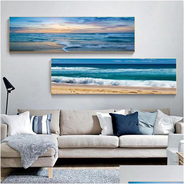 Dipinti Onda del mare Poster Decorazioni per la casa Tramonto Alba Tela Pittura Immagini per pareti Immagini per soggiorno Comodino Paesaggio Stampe Goccia Dhiqd