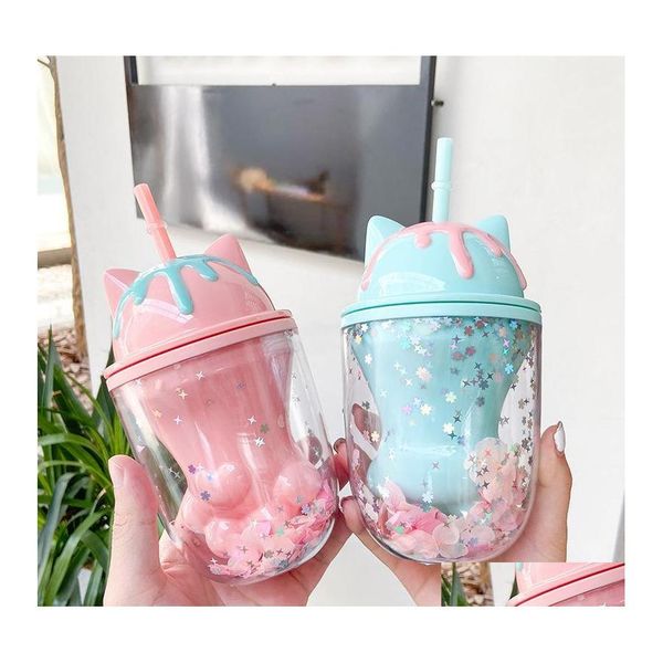 Bottiglie d'acqua Creative Kawaii Cat Claw Bicchiere di plastica a doppio strato Ragazza Cuore Fashion St Light Lovely Petal Drop Consegna Casa Giardino K Ot3Fk