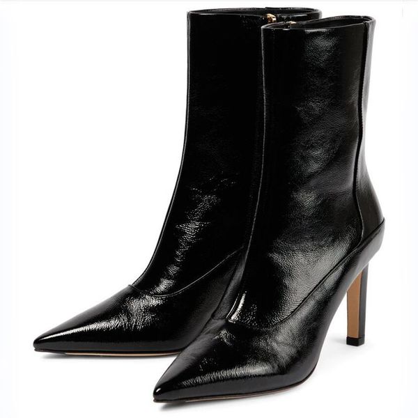 Luxuriöse Damen-Stiefeletten aus Lackleder, London, spitze Schuhe mit hohen Absätzen, schlichtes Design, italienische Braut, Hochzeit, Party, kurze Stiefelbox