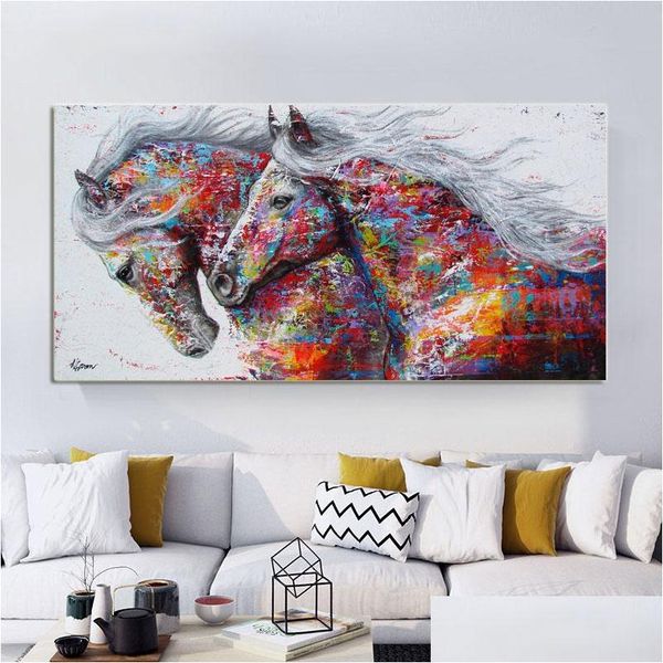 Pinturas desinteressadamente arte de animais dois cavalos de corrida de tela pintando imagens de parede para sala de estar impressão abstrata moderna pôsteres gota dhcdr