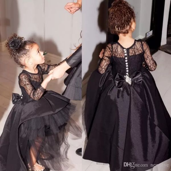 Nuovo abito da ballo nero Flower Girl Dress Hi Lo Little Gowns Abiti da spettacolo a maniche lunghe con grande fiocco