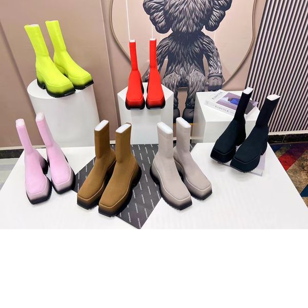 2022 Designer Mulheres Luxo Alto Estiramento Meia Botas Clássico Moda Fly Weave Fina Perna Stretchs Botas Casuais Outono Inverno Senhora Espuma Grosso Solado Tubo Bota Sapatos Tamanho 35