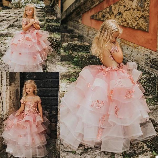 Vintage Princess Flower Girls 'vestidos de manga curta Apliques de renda infantil infantil vestidos formais feitos feitos pela primeira comunh￣o