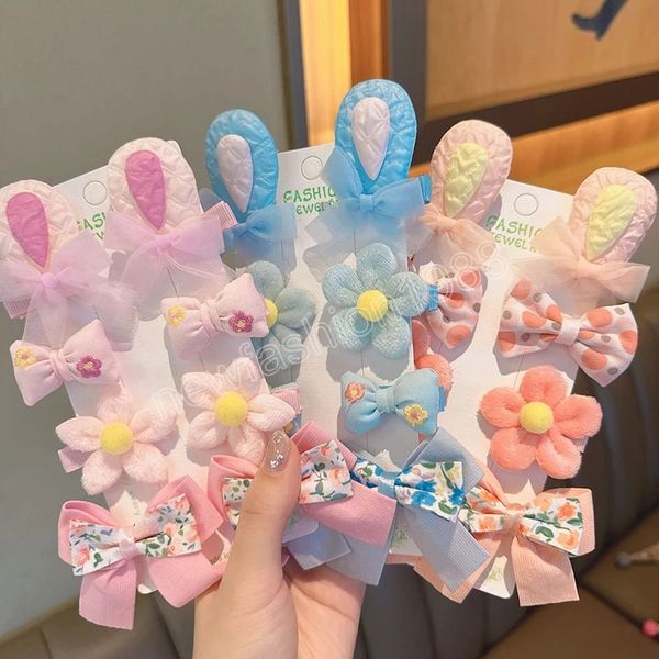 Cartoon Set Niedliche Schleife Hasenohren Haarnadeln Mädchen Süße Blumen Haarspangen Kopfbedeckung Haarschmuck Kinder Ornamente Geschenk